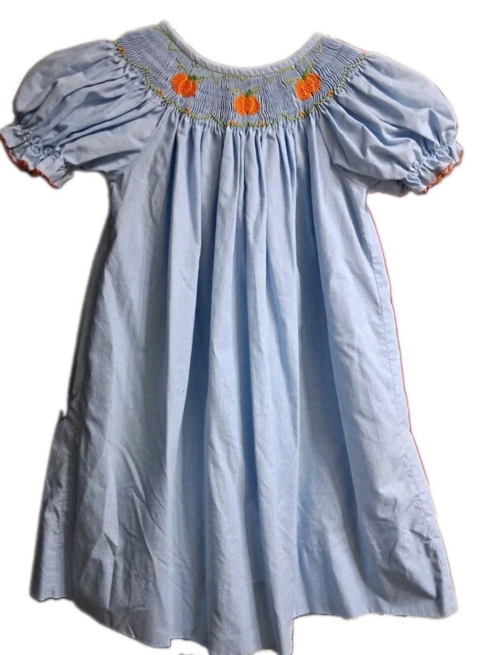 PETITE BEBE Girls Toddler Baby Hand Smocked Embroidered Pumpkin Gingham Dress